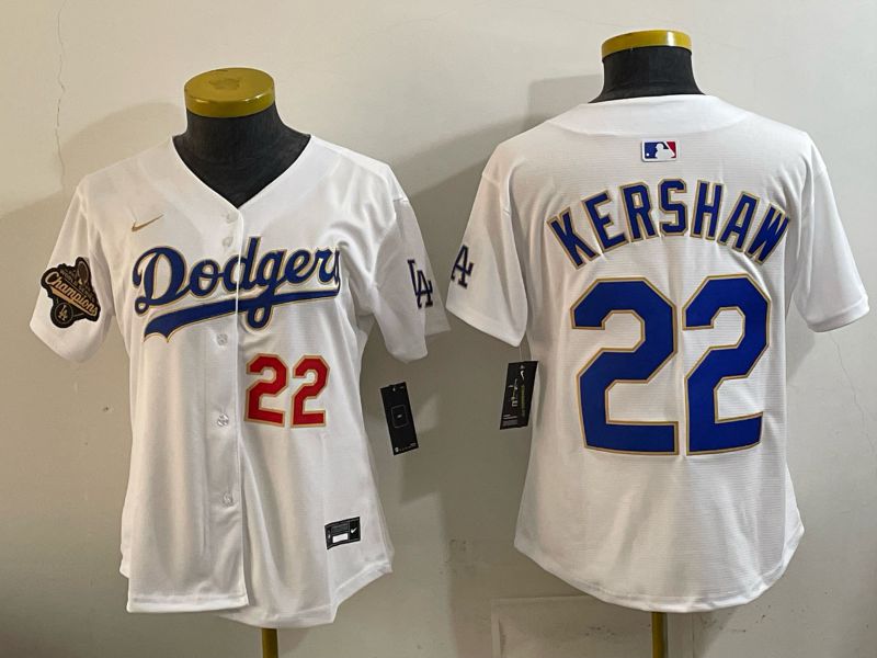 Women 2026 Los Angeles Dodgers #22 Kershaw White Gold Game Nike MLB Jersey style 03